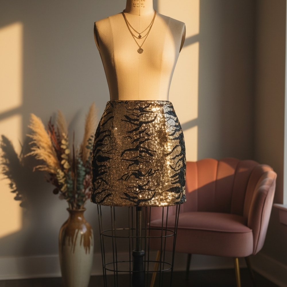 Elegant Sequin Mini Skirt in Gold and Black